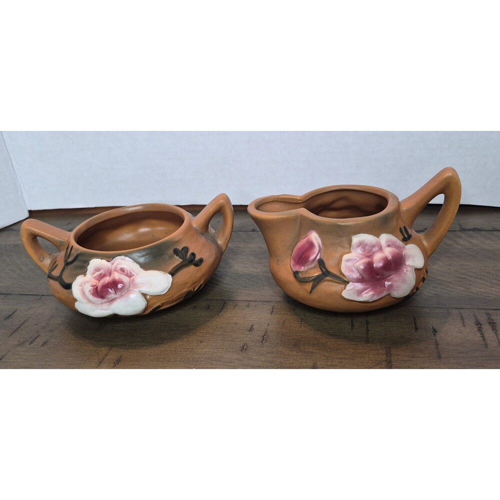 Roseville Pottery Creamer And Sugar Bowl Set Brown With Magnolias